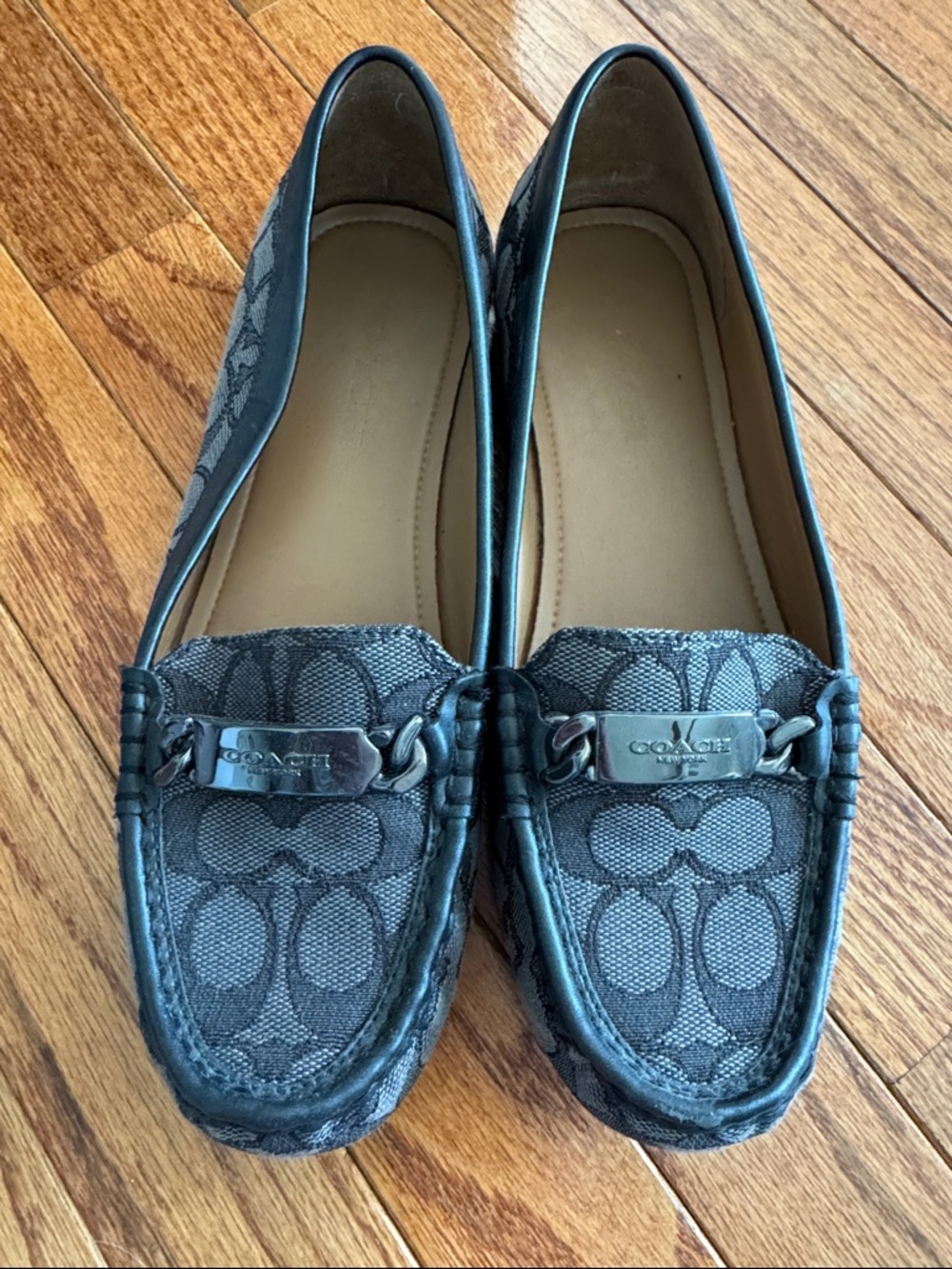 Coach Gray Signature Canvas Driving Loafers with Metal Plaque